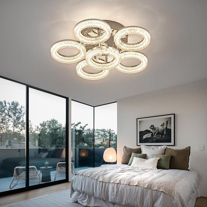 Modern Ceiling Light, 6 Rings 17.7'' Dimmable LED 60W Flush Mount Ceiling Lights with Remote Acrylic Crystal Round Ceiling Light Fixture, Bedroom Living Room Dining Room, Chrome - Image 7
