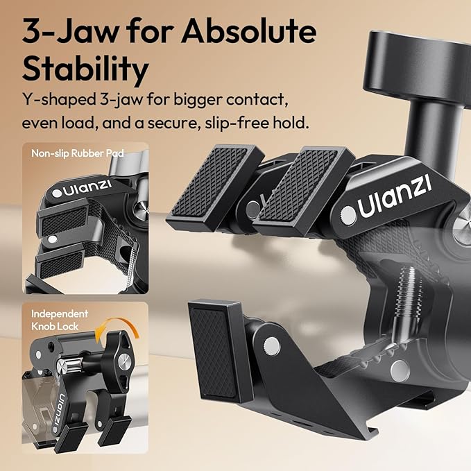 ULANZI CO78 Super Clamp Mount, 3-Jaw Y-Shape Super Clamp with Cold Shoe | & 1/4"-20 Threads,ARRI Pins, Heavy Duty Camera Rig Mount for Monitors, LED Lights, Action Cameras, Desktop Rig, Load - Black - Image 3