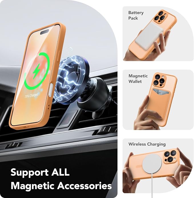 CAPRARO for iPhone 16 Pro Max Case, Compatible with MagSafe | Upgraded [Full Camera Protection] Protective Translucent Matte Women Girl Magnetic Phone Case Cover, Light Orange - Image 3