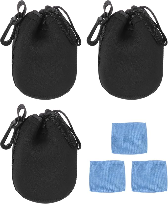 PATIKIL 3 Pcs Camera Lens Pouch, 4" ID x 6" H Drawstring Lens Pouch Protective Camera Lens Case Bag Soft Plush Neoprene Bag for DSLR Photography Gear, Black by PATIKIL
