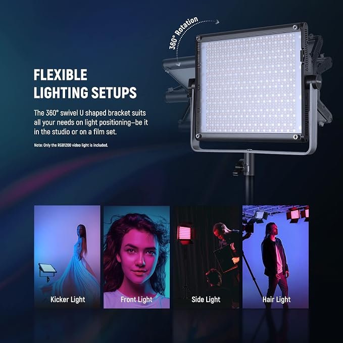 NEEWER RGB1200 RGB LED Video Light Panel with APP/2.4G Control, 60W Studio Photography Lighting 22000Lux@0.5m/1% Precise Min Dimming/360° Full Color/ CRI97+/TLCI98+/2500K-8500K/18 Effect with Barndoor - Image 8