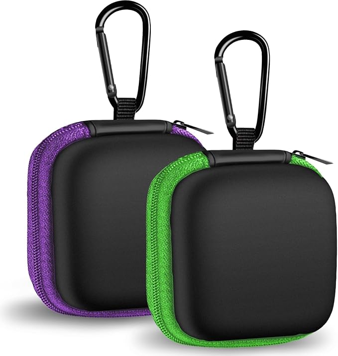 2Pack Square Earbud Case Portable EVA Carrying Case Storage Bag Cell Phone Accessories Organizer with Carabiner for Earphone, Earbud, Earpieces, SD Memory Card, Camera Chips-Purple/Green by Woyinger