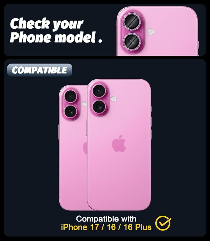 Orzero (3 Sets) Camera Lens Protector Compatible for iPhone 17 6.3”/16 6.1”/16 Plus 6.7“, Protector de Cámera Bling One-Step Installation Individual Metal Ring Case Friendly - Pink - Image 2