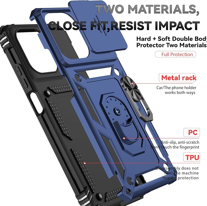 for Motorola Moto G 2025 / Moto G 2026 / Moto G Play 2026 Case, with Slide Camera Cover HD Screen Protector [Military Grade 16ft. Drop Tested] Ring Holder Kickstand Protective Phone Case, Navy Blue - Image 8
