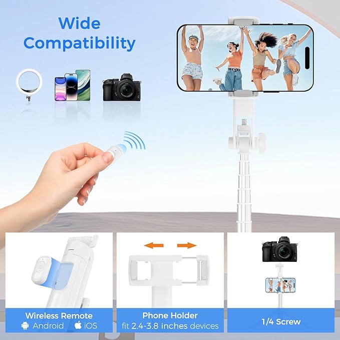 Selfie Stick Tripod for Phone with Remote Control & Holder, 63 Inch, White | Extendable Selfie Stick Travel for iPhone, iPhone Tripod for Video Recording - Image 6