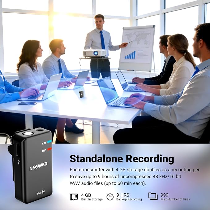 NEEWER CM28 Wireless Lavalier Microphone, Smart Noise Cancelling Lav Mic, 48KHz/16Bit 9hrs Uncompressed Recording, 200m Range, 4GB Storage for iPhone, Android, Camera, 1 RX + 2 TX + Charging Case - Image 6