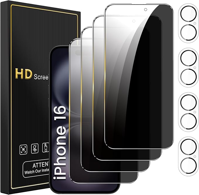 Romkasi 4 Pack Privacy Screen Protector for iPhone 16 6.1 Inch with 4 Pack Camera Lens Protector, Anti Spy Tempered Glass Film, Anti-Scratch, Touch Sensitive, Case Friendly by Unknown