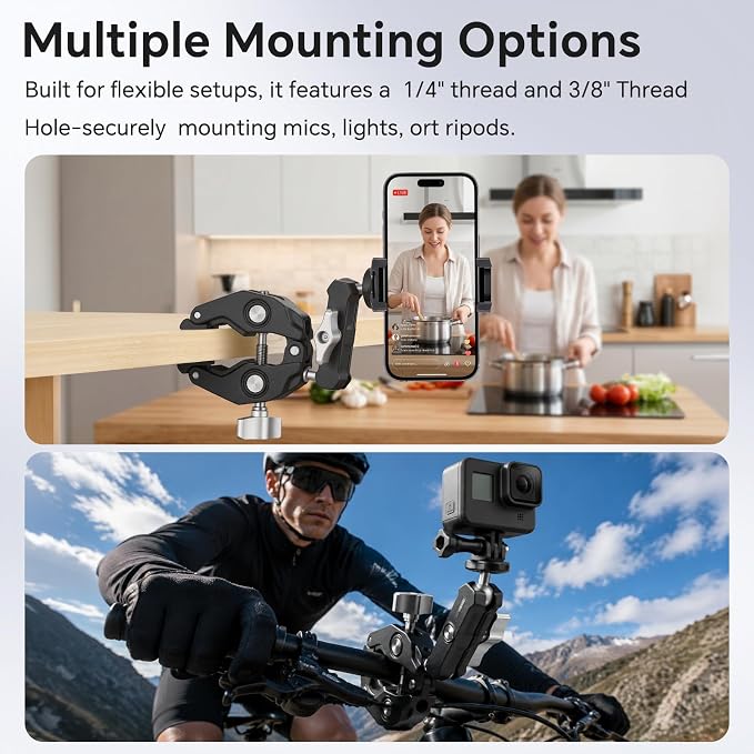 Super Clamp Camera Clamp Mount Monitor 360°Ballhead Magic Arm Double Ball Head Adapter with 1/4"-20 & 3/8"-16 Thread for Canon Nikon DSLR Camera/Gopro/LED Light Ronin-M/Ronin MX/FreeflyMOVI - Image 6