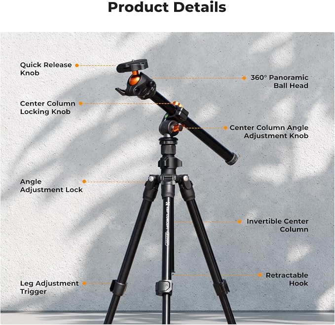 K&F Concept 76 in Overhead Camera Tripod | Rotatable Multi-Angle Center Column, Lightweight, 360 Degree Ball Head, Load Capacity 8kg/17.6lbs. O234A1+BH-36 - Image 5