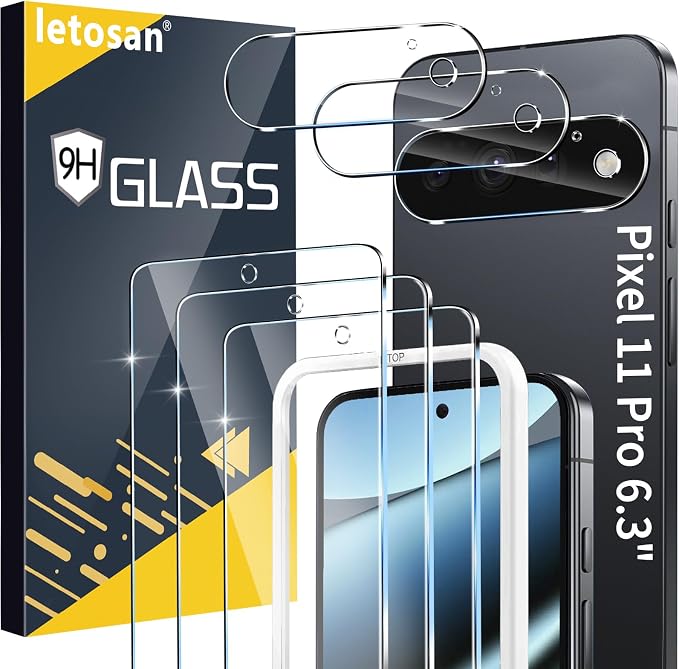 letosan 3 Pack for Google Pixel 11 Pro Screen Protector Tempered Glass + 3 Pack Camera Lens Protector, Military Grade Shatterproof, 9H Hardness, Fingerprint Unlock,Case Friendly 6.3 Inch by letosan