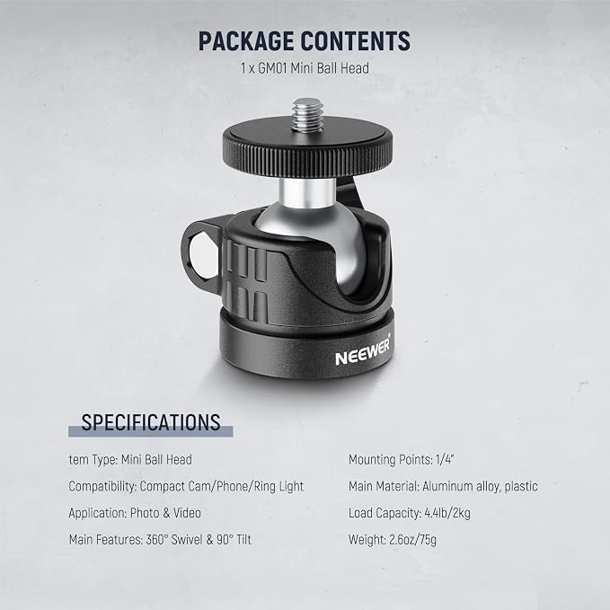 NEEWER Basics Mini Ball Head, Portable Tripod Head Camera Mount Adapter | 1/4" Screw, for Compact DSLR, Action Cam, Phone, LED Ring Light Monopod, Slider, 4.4lb Max Load, 360° Swivel, 90° Tilt, GM01 - Image 7