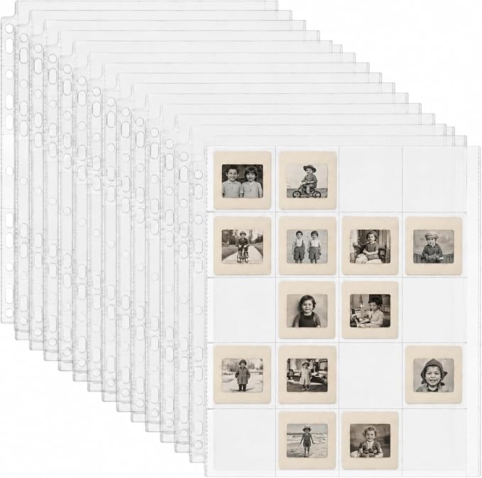 Fuyoooo 50 Pack Protective Photo Slide Pages Holds 20 35mm Slides | Top Loading Photo Page Sleeves for 3 Ring Binder Holds 1000 2 x 2 Inch Photos Archival Slide Storage Album Refill Preservers by Liraitoya