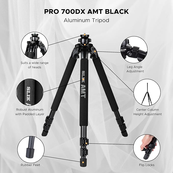 SLIK Pro 700 DX Black Tripod Legs 71" - AMT Alloy, Supports Up to 44lbs | For Telephoto Lenses, Spotting Scopes & Filmmaking Cameras - 40% Greater Weight-to-Strength - 2-Part Center Column - Image 3
