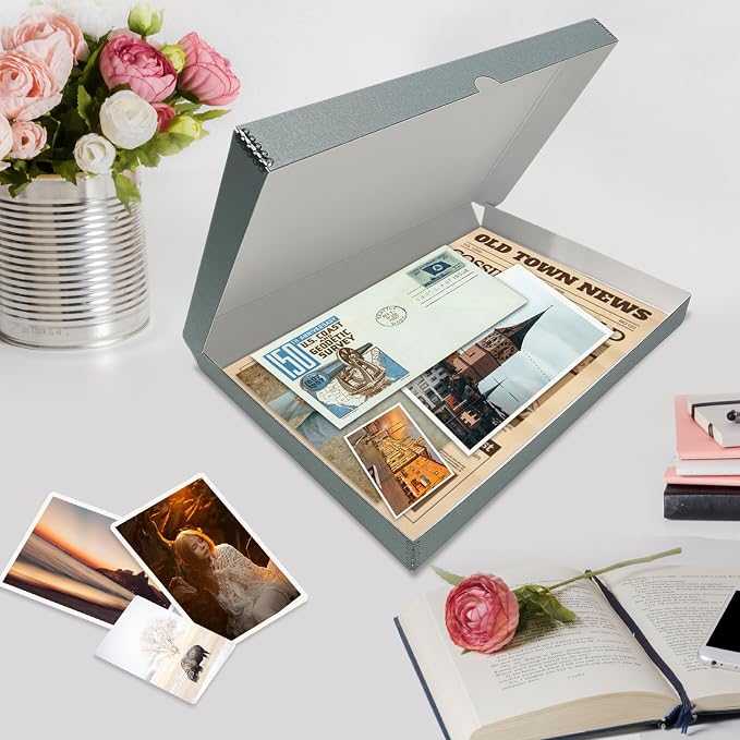 Lineco Clamshell Archival Storage Box, 13.5x19.5x1.75 Inch, Gray | Acid-Free with Metal Edge Boxboard, Organize and Store Photos Documents Cards Negatives Magazine Prints Family Records DIY - Image 7