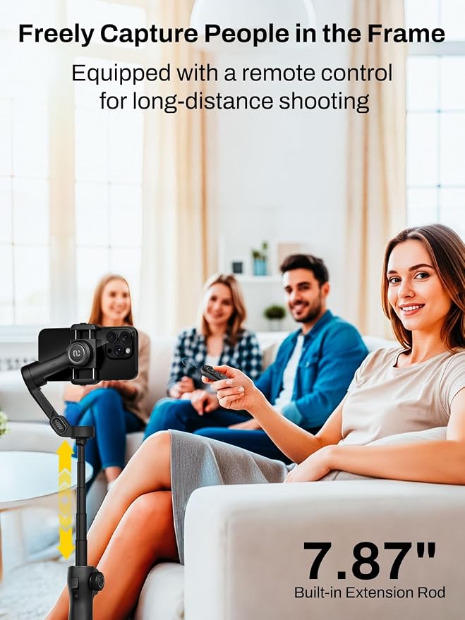 AOCHUAN Gimbal Stabilizer for iPhone w/Bluetooth Remote, 3-axis Phone Stabilizer w/7.8” Extension Rod, AI Face Tracking Smartphone Gimbal, Gesture Control for Video Shooting - Smart V8 Kit Black - Image 3
