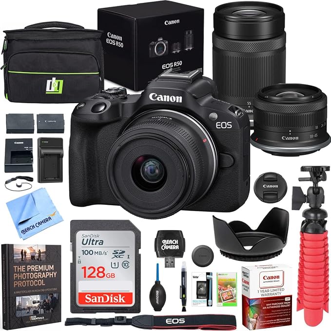 Canon EOS R50 Mirrorless Camera Body with 2 Lens Kit RF-S 18-45mm is STM and 55-210mm is STM 5811C022 Double Battery, Memory Card, Deluxe Case and Mini Tripod & Accessories by Unknown