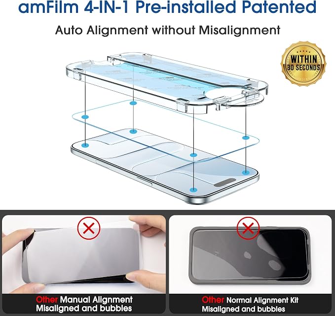 amFilm OneTouch for iPhone Air Screen Protector 6.5'' Tempered Glass | Auto-Alignment, 30s Install, Bubble Free, Scratch & Drop Protection, HD Clear, Camera Lens Protector[2+2 Pack] (17A-6.5'') - Image 4