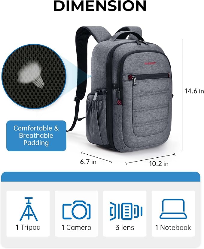 BAGSMART Camera Bag for DSLR, Waterproof Camera Backpacks for Photographers, Camera Case with Laptop Compartment-14 Grey - Image 5