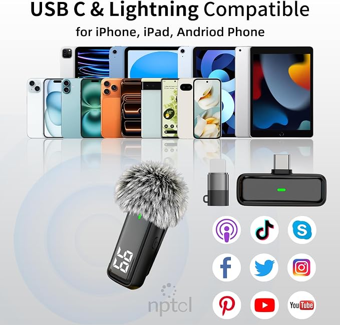 NPTCL Wireless Clip on Microphone for iPhone iPad Android, Type USB C Mics | Digital Battery Indicator Light, Noise Cancellation, 12 Hour Charging Case, 70Ft Recording for Youtube Tiktok Podcast, 1 Pack - Image 5