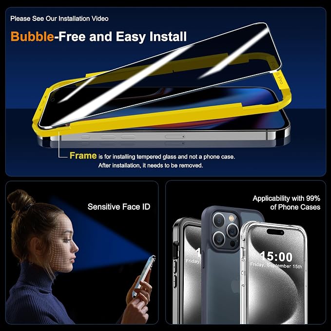 QHOHQ 3 Pack Privacy Screen Protector for iPhone 15 Pro [6.1 Inch] with 3 Pack Camera Lens Protector, Anti Spy Tempered Glass Film, 9H Hardness, HD, Bubble Free, Case Friendly - Black - Image 6