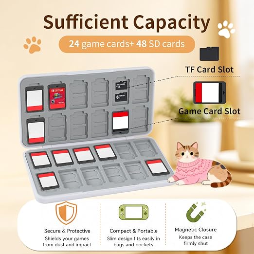 PERFECTSIGHT Switch Game Card Case for Nintendo Switch 2/ Lite / OLED, Switch 2 Game Holder Cartridge Case for 24 Game Cards and 48 SD Cards, Cute Kawaii Portable Compact Storage Box, Kitty - Image 2