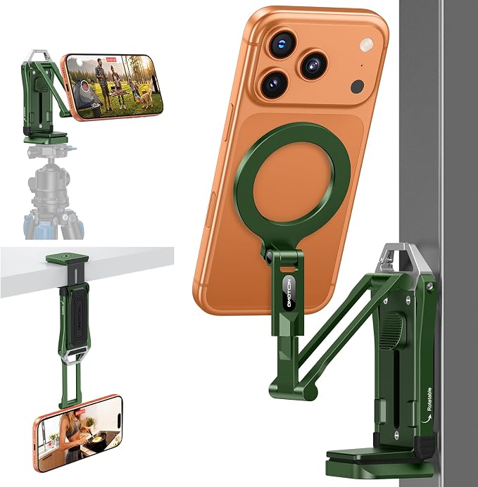 OMOTON TP02-Pro Magnetic Phone Holder, 5-in-1 Tripod Stand with Rear Attachment Plate | Desk, Kitchen, Gym, Vlogging | iPhone 12-17 Series, Blue, Green by OMOTON