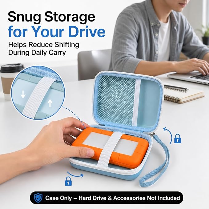 ALKOO Case for LaCie Rugged Mini 1TB/2TB/4TB/5TB External Hard Drive | Portable HDD Holder, Cable Pocket, SD Card Storage, for Photographers, Creators, Students, Office, Travel, Case Only, Bule - Image 4