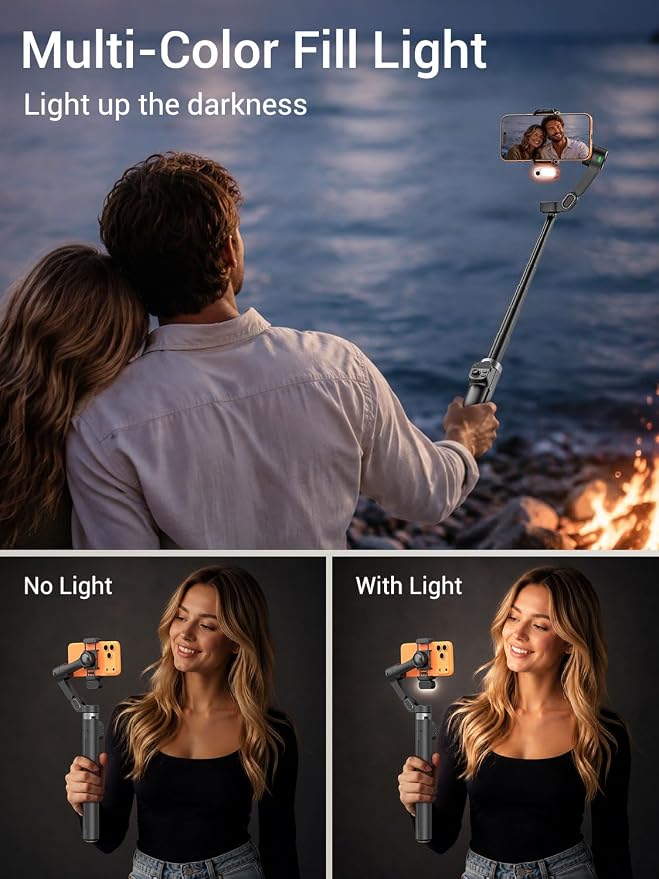 AOCHUAN Smart V3 70.9” Gimbal Stabilizer for iPhone w/AI Tracking Module | Remote Control & One-Touch Open Tripod for Phone Gimbal, 360° Pan Rotation Gimbal w/51" Extension Rod for Shooting,Fill Light - Image 6