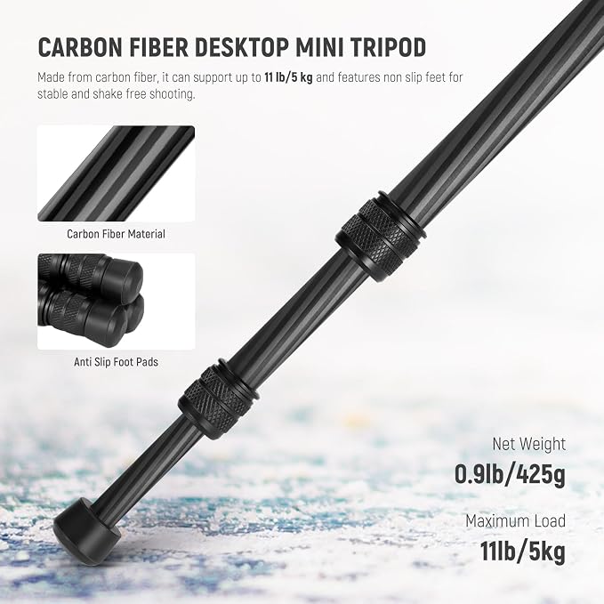 NEEWER TP09 Carbon Fiber Mini Tripod Compatible with iPhone, 20" Lightweight Compact Travel Desktop Tripod Stand with Ball Head, Phone Holder, Remote for Phone DSLR Camera Video Camcorder Webcam - Image 7