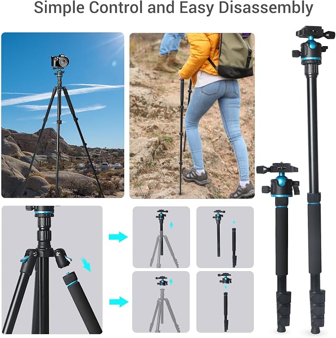 Camera Tripod, 68" / 174cm Lightweight Travel Monopod with 360°Ball Head Payload 15 lbs, Adjustable Height from 17" to 68" Professional Stand for DSLR Camera Shooting - Image 6