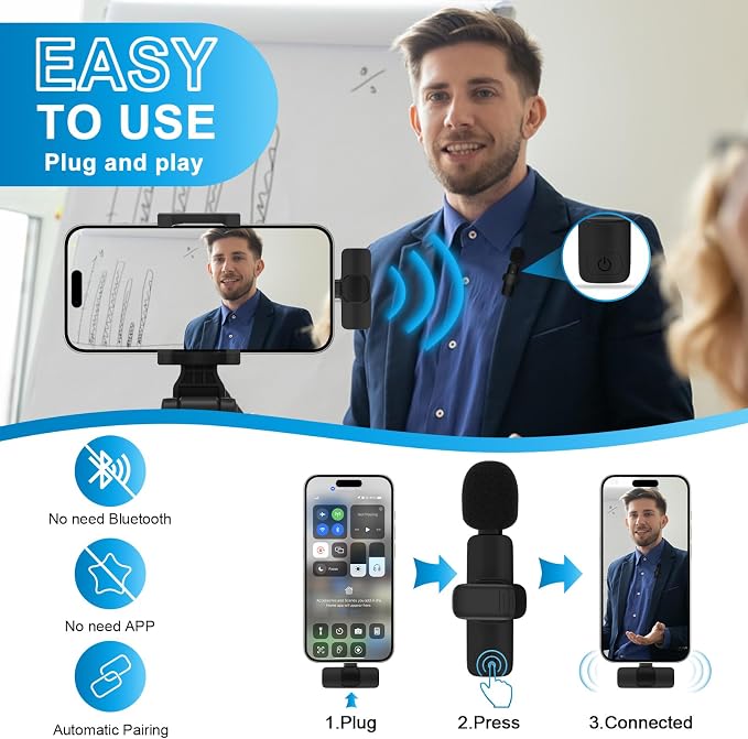 USB C Wireless Lavalier Microphone for iPhone 17 16 Pro Max 16e 15,Samsung | Galaxy S26 S25 A16 S24,Noise Reduction Mini Lapel Mic Clip on,Lav Mic on Video Recording,Tiktok,Youtube,Vlog,Live Streaming - Image 3