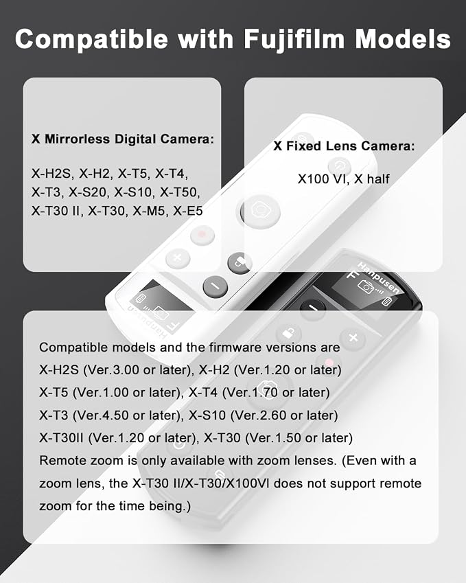 for Fujifilm Camera Remote Control, Hanpusen Rechargeable Wireless Shutter Release with OLED Screen for Fujifilm X100 VI/X-M5/X-T30 II/X-E5/X-T5/X half/X-H2S/X-T30/X-T4/X-T3/X-S20/X-S10/X-T50/X-H2 - Image 6