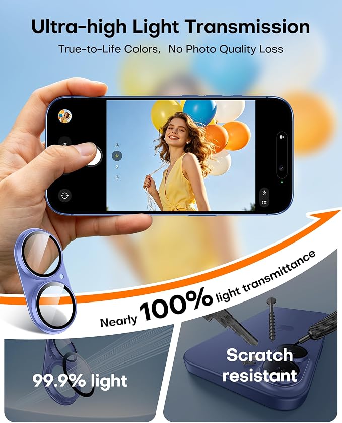 TAURI 2 Pack for iPhone 16/iPhone 16 Plus Camera Lens Protector, Ultramarine - Image 6