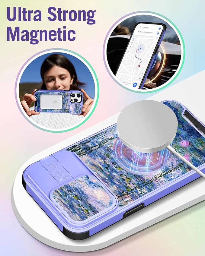 Buleens for iPhone 14 Pro Max Case 6.7 Inch - with Ring Stand & Camera Cover Aesthetic Cute Designed Women Girls Girly Kawaii Blue Water Lily Phone Case for iPhone 14 Pro Max Compatible with Magsafe - Image 4
