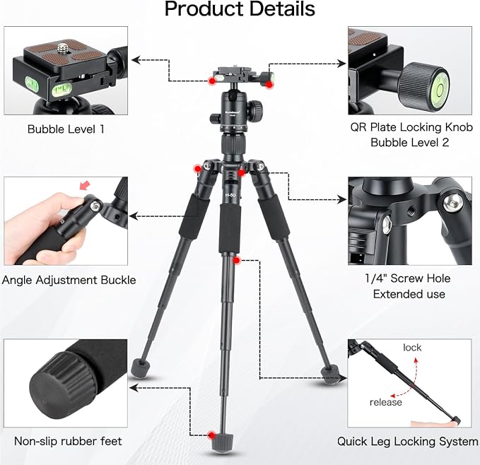 Koolehaoda Mini Tabletop Tripod with 360° Ball Head, 20" Portable - Black | Aluminum Desktop Tripod Stand for DSLR Camera Video Camcorder Phone Compact Lightweight Design, Load up to 11lbs - Image 2