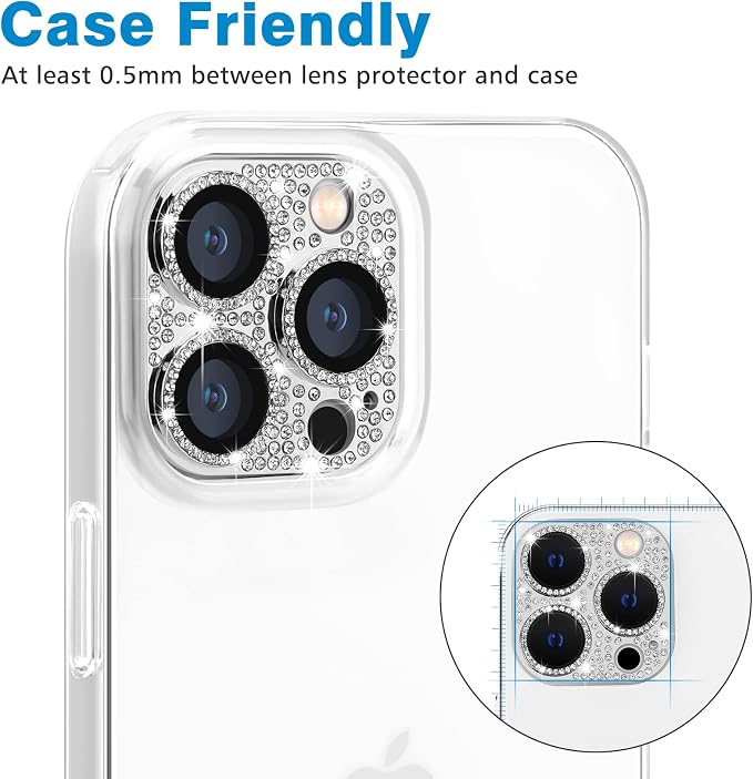 Compatible with iPhone 12 Pro Max Camera Lens Protector, Bling 3D Rhinestone Diamond Lens Cover 9H Tempered Glass Camera Cover Anti Scratch Shockproof Lens Screen Full Protective Cover - Silver - Image 4