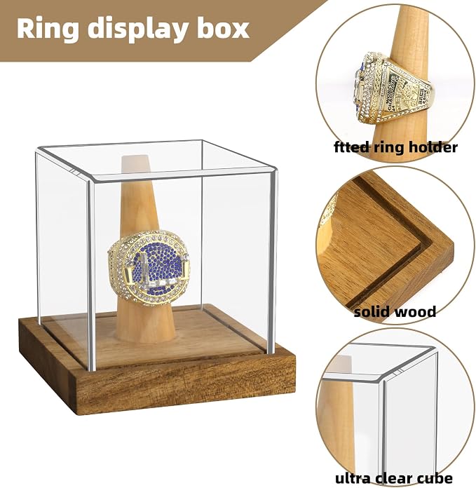 Clear Acrylic Championship Ring Display Case with Wood Stand Base, Memorabilia Stand Cube Holder Dust Protection Transparent Storage Box for Sports Baseball Basketball Fan Souvenir Protection Supplies - Image 6