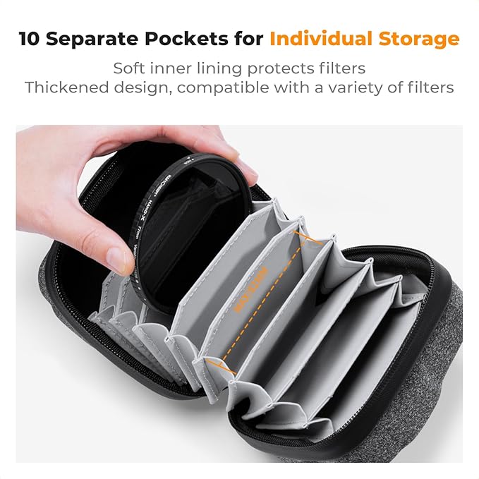 K&F CONCEPT 10 in 1 Lens Filter Case, Filter Bag Up to 82mm | Hard Shell Camera Filter Pouch, Hand Strap, Waterproof, For ND UV CPL Camera Filter, BF01 - Image 2