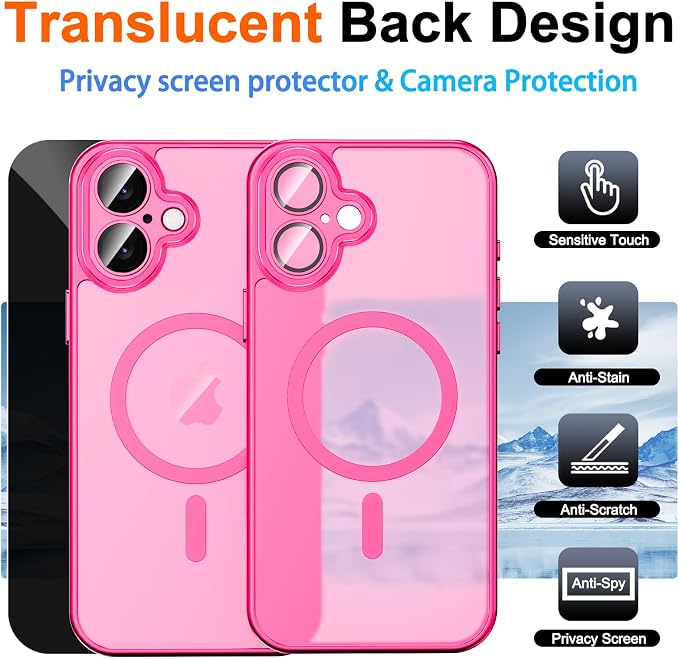 Magnetic for iPhone 17 Case with Privacy Screen Protector, Hot Pink | Full Camera Protection, Compatible with MagSafe, Translucent Matte Shockproof Phone Cover for iPhone 17 Women Girls - Image 2