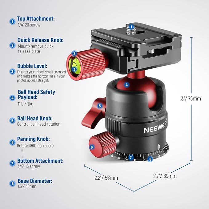 NEEWER Tripod Head, 360° Rotating Panoramic Ball Head with 1/4” Quick Shoe Plate for Tripod Monopod Slider DSLR Camera Camcorder, Max Load up to 5kg/11lb – GM28 - Image 8