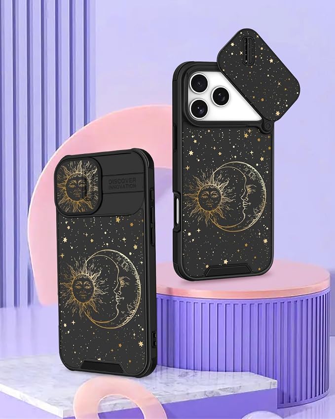 for iPhone 17 Pro Case - Women Cute Phone Cover Girly Pretty Fancy Unique Aesthetic Design Slide Camera Cover Protective Case for Apple for iPhone 17 Pro, Sun and Moon - Image 4