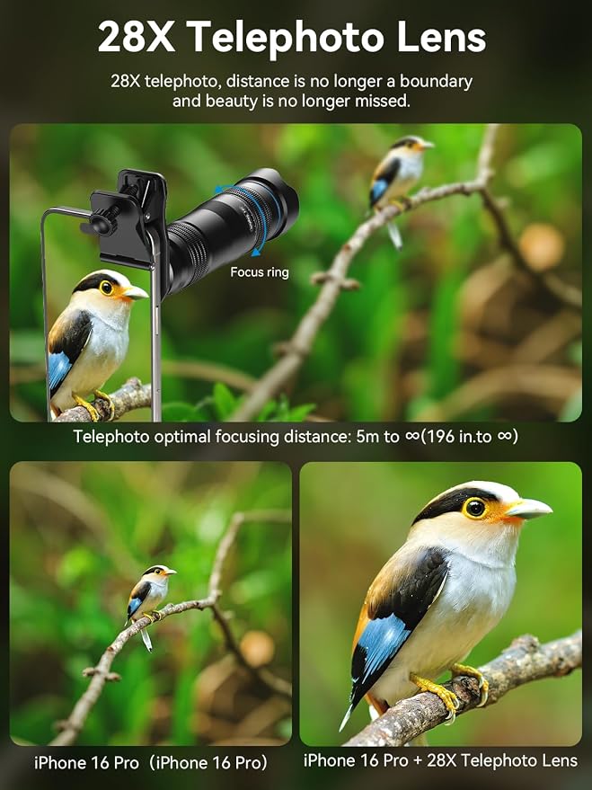 MIAO LAB 28X HD Telephoto Lens for iPhone/Samsung/Android, High Power Telephoto Camera Lens with Universal Clip Compatibility Most Smartphone - 28X - Image 5