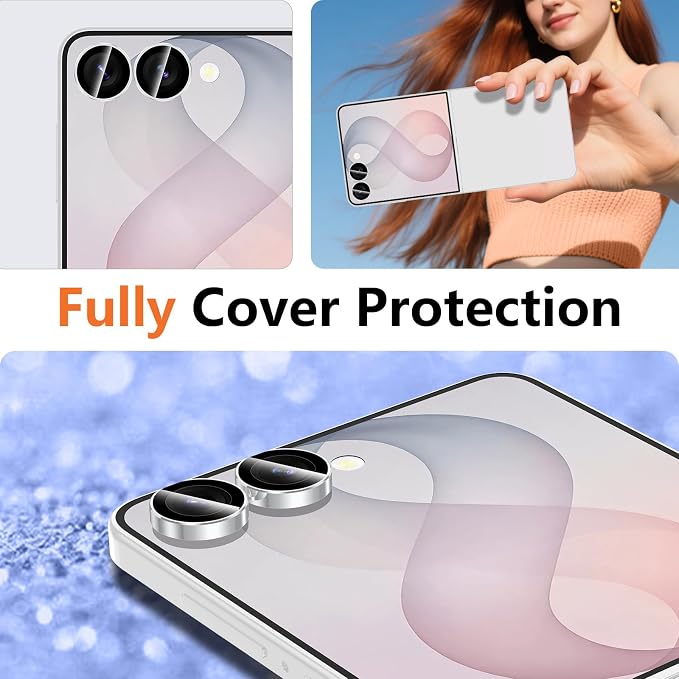 for Samsung Galaxy Z Flip 8 Camera Lens Protector, Individual Metal Ring Tempered Glass Lens Cover, [Strong Adsorption] Scratch Resistant Ultra-Thin HD Clear Lens Cover, 1 Set-Slivery Ring - Image 8