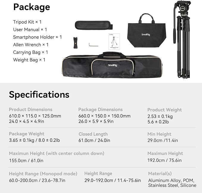 SmallRig CT210 Video Tripod, 75" Video Camera Tripod Monopod with +/-15° Leveling Base Fluid Head, Professional Camera Tripod Compatible with Video Camera, DSLR, Camcorder-4475 - Image 9