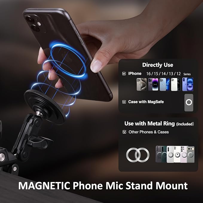 Mic Stand Phone Holder Aluminum Compatible with Magsafe iPhone 16/15/14/13/12 Plus Pro Max Series, Side Mount Cellphone Music Stand Holder for Microphone, 360° Swivel Tilt Adjustable Mic Phone Mount - Image 5