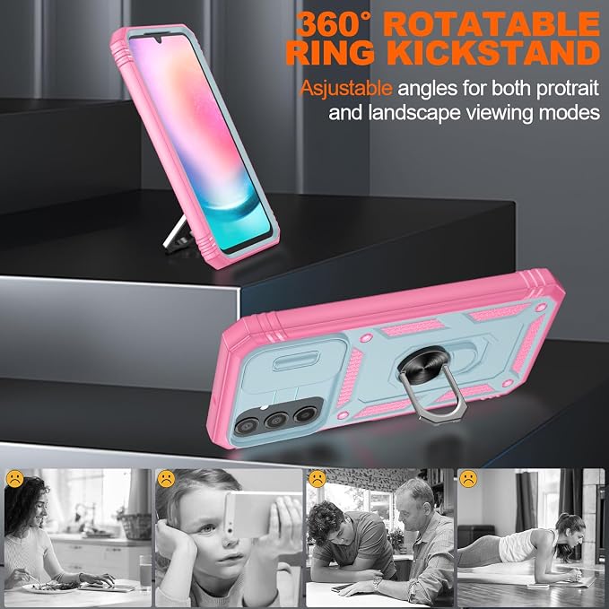 Fit for Samsung A24 Phone Case with 2PCS Screen Protector, Build in 360° Rotating Ring Kickstand, Military Grade Protective Case for Samsung A24 Case Phone, Green+Pink - Image 7