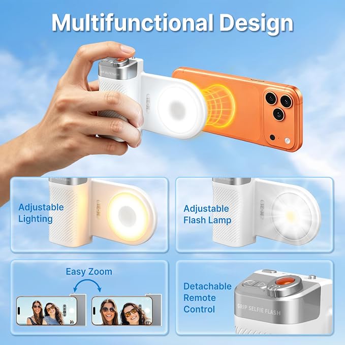 yAyusi Phone Selfie Grip with Light+Flash, Magnetic Phone Camera Grip with Detachable Shutter Remote, Adjustable LED Magnetic Selfie Light for Selfies/Photography/TikTok/Creators/Video - Image 5