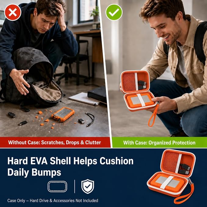 ALKOO Case for LaCie Rugged Mini 1TB/2TB/4TB/5TB External Hard Drive | Portable HDD Holder, Cable Pocket, SD Card Storage, for Photographers, Creators, Students, Office,Travel,Case Only,Tangerine - Image 5