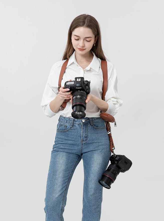 Dual Camera Harness Leather Camera Straps for Photographers for DSLR/SLR | Camera Holster Camera Harness for Photographers Leather Harness Camera Belt Spider Holster Camera Belt Camera Neck Strap - Image 7