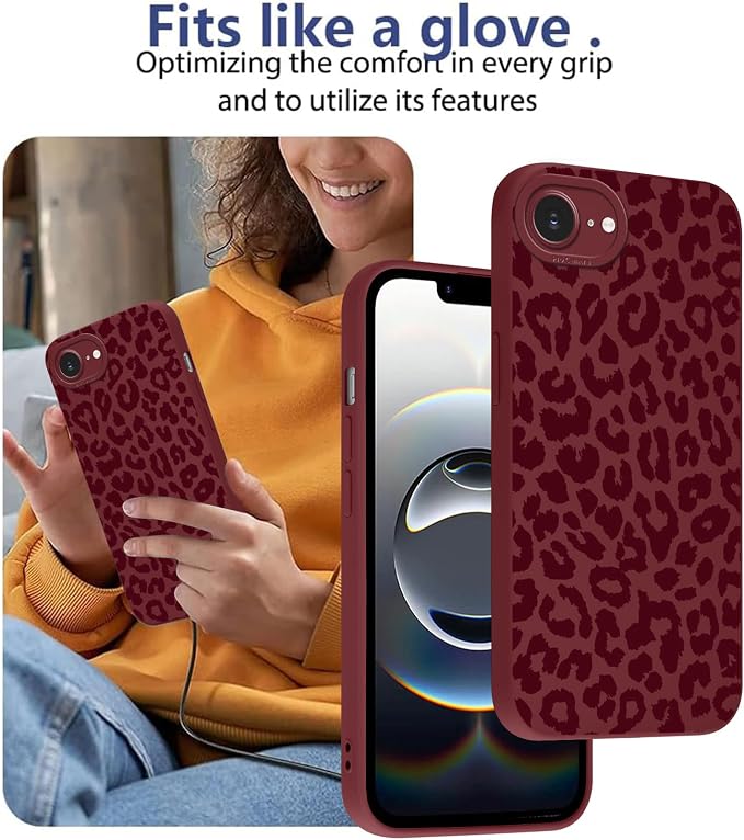 Cute Burgundy Cheetah Print Phone Case for iPhone 16e / 17e 6.1" | Aesthetic Leopard Pattern Design Cover Full Camera Lens Protective Shockproof Soft Slim TPU Funda for Women Girls - Image 7